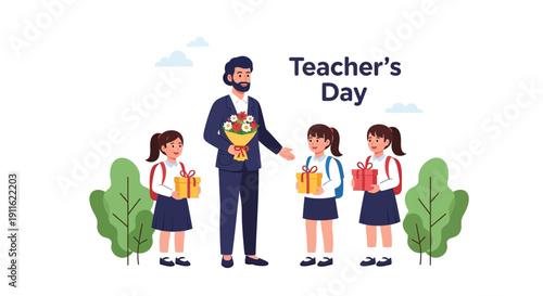 Happy Teacher's Day Celebration Vector: Three school girls giving gifts and flowers to their male professor or mentor, showing gratitude and respect.
