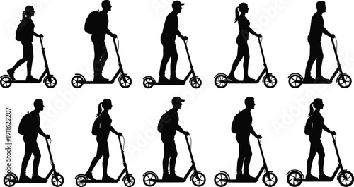 Electric scooter rider silhouettes set featuring men and women commuting with kick scooters isolated on white background urban mobility vector illustration