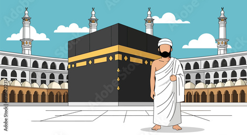 Kaaba and Pilgrim in Ihram. Islamic Hajj or Umrah Rituals at Masjid al-Haram, Mecca.