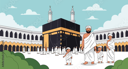 Muslim Family Performing Hajj or Umrah Pilgrimage at the Kaaba in Mecca. Cartoon Illustration of Islamic Devotion and Spirituality.