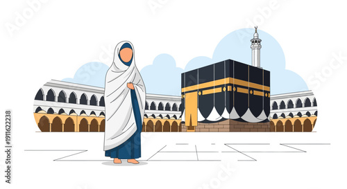 Muslim Woman in Ihram at Kaaba, Mecca. Hajj and Umrah Pilgrimage Concept. Flat Vector Illustration.