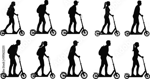Electric scooter rider silhouettes set featuring men and women commuting on kick scooters isolated on white background modern urban mobility vector illustration