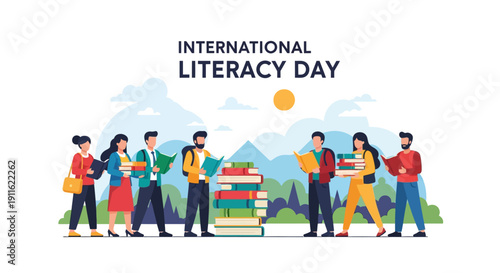 International Literacy Day Vector Illustration. Diverse Group of People Reading Books and Celebrating Education and Global Knowledge Promotion.