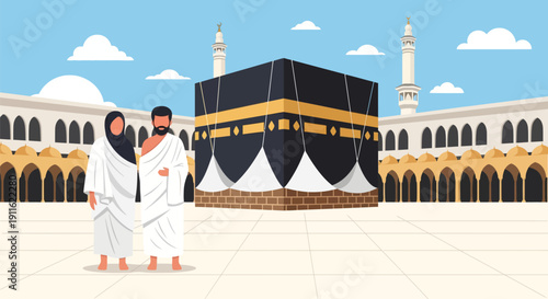 Hajj Pilgrimage: Muslim Couple in Ihram Garments Standing Near the Kaaba at Al-Masjid al-Haram Mosque in Mecca.