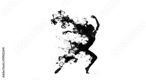 Ballerina silhouette dancing with black smoke and ink splash effect