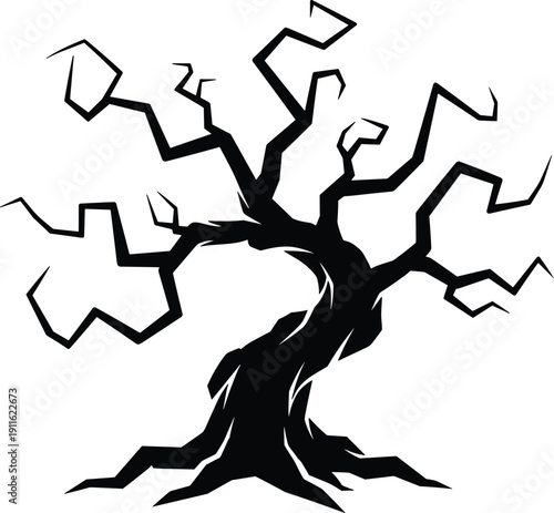 Spooky Black Silhouette of Gnarled Leafless Dead Tree with Crooked Branches for Halloween Horror Background Mystery Forest Design and Gothic Nature Vector Illustration