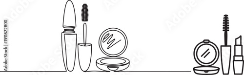 Mascara cosmetics set outline.one line icon illustration with white background