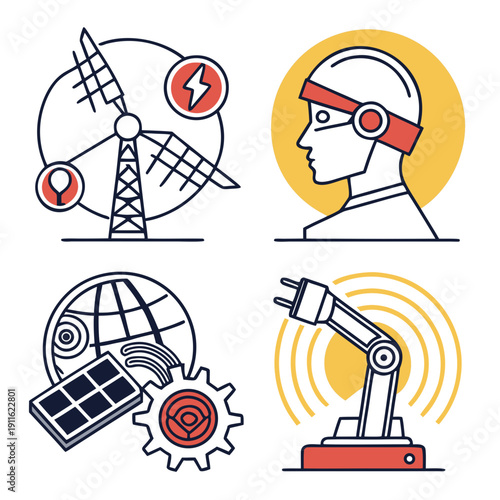 Four different types of renewable energy sources illustrated with icons. Vector