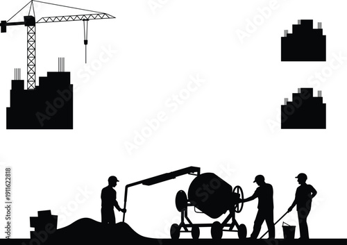 Construction site silhouette set featuring industrial crane building structure concrete mixer and workers operating equipment isolated on white background for architecture engineering design projects.