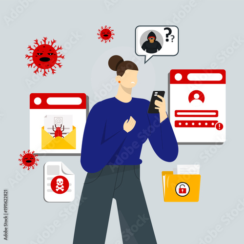 Woman checking smartphone surrounded by phishing emails, malware icons, fake accounts, and alerts, showing cyber threats, online scams, identity risk, and digital security awareness.