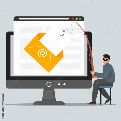 Phishing email concept showing a hacker stealing data from a computer screen using a bait message, symbolizing cybercrime, online fraud, and digital security threats.