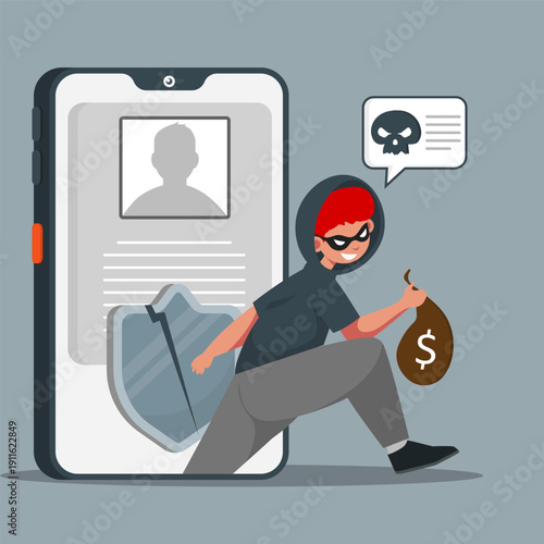 Hacker stealing money from a smartphone after security breach, showing cyber crime, data theft, online fraud, and weak mobile protection risk.