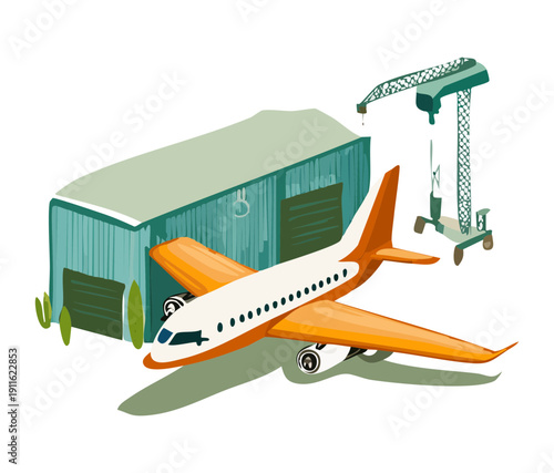 Commercial airplane parked inside a large hangar facility for maintenance and safety inspections in aviation transportation industry