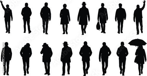 Man silhouettes set featuring walking standing waving and umbrella poses isolated on white background detailed black vector illustration collection