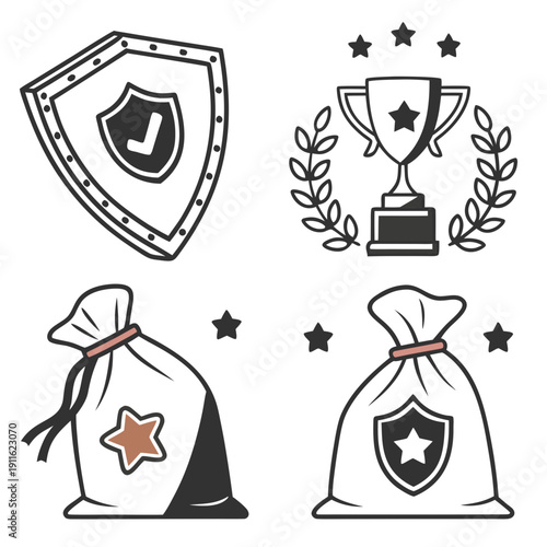 Four trophies and a bag of money illustrating various achievements and rewards Vector