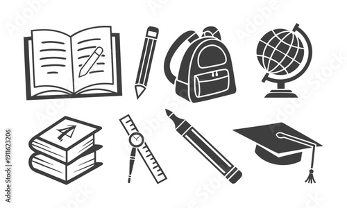 Academic graduation and study tools silhouette vector icon collection illustration, easily dilatable.