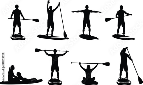 Stand up paddle board silhouettes set featuring SUP surfers paddling balancing and relaxing poses isolated on white background vector illustration collection
