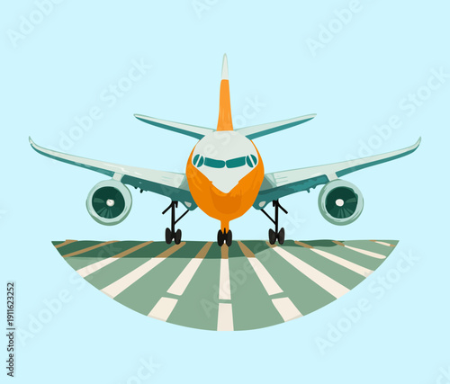 Wide body passenger aircraft taking off from a sunny airport runway for international flight and commercial air transportation