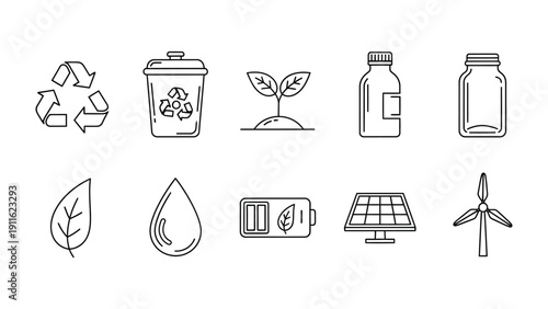 Eco-Friendly Icon Array: An array of simple, elegant icons representing the core elements of environmental sustainability and eco-consciousness, suitable for a wide range of applications.