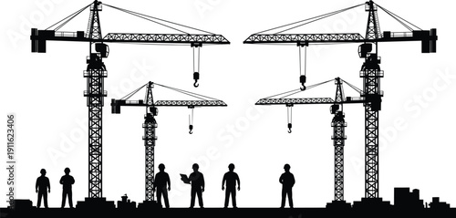 Construction Site Silhouette Vector Set Featuring Tower Cranes and Engineers Working at Building Project for Industrial Development Architecture Logistics and Civil Engineering Infrastructure Design.
