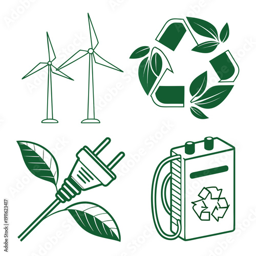 Illustrations of renewable energy sources and environmental sustainability symbols. Vector