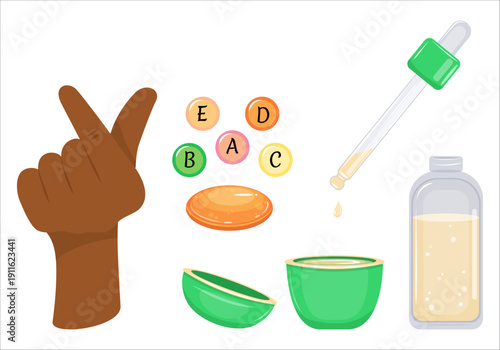 Vitamins and cosmetics for beautiful skin and body. Vector set of colored elements with copy space in realistic style. Textured liquid in clear glass container with a pipette. Open jar of cream. Sever