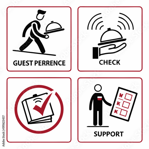 Visual representation of the guest journey in a hotel, from entrance to support. Vector