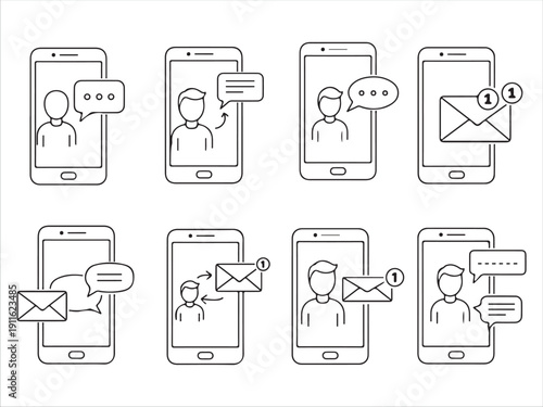 Illustrations of mobile communication with messages and email notifications on phones