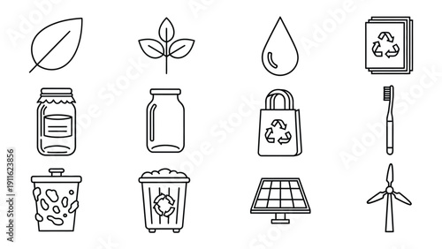Sustainable Icons: A collection of simple, elegant line art icons representing essential aspects of sustainability, environmental conservation, and eco-friendly practices.