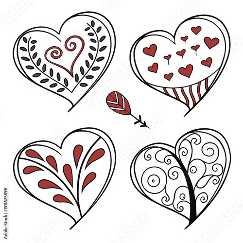 Four intricately designed hearts with floral patterns and arrows Vector