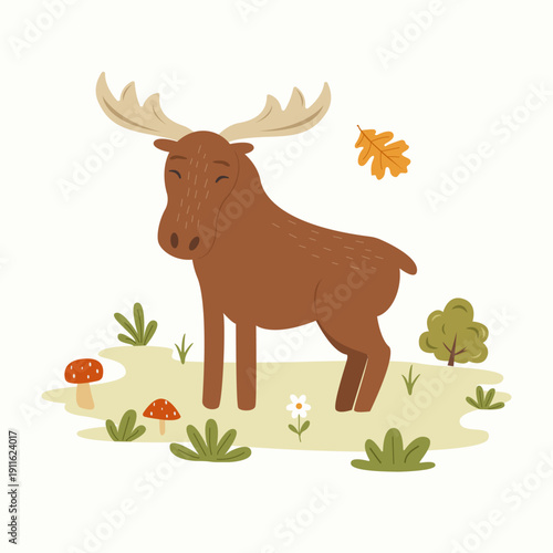 Cute moose standing in forest clearing with leaves, mushrooms and plants. For kids printables, posters, stickers, nursery decor.