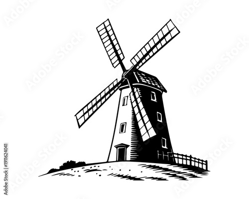 Classic Windmill Illustration Black and White Graphic on Hill