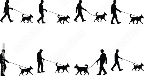 Man walking dog silhouette, various poses, black and white