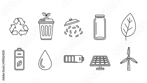 Green Living Icons: A collection of meticulously crafted line icons representing eco-friendly practices. Designed to capture the essence of environmental protection and sustainability. 