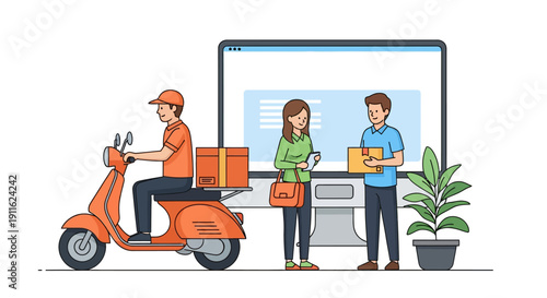 E-commerce Delivery Service: Courier on Scooter Delivering Package to Customers in Front of Computer Screen. Online Logistics and Fast Shipping Illustration.