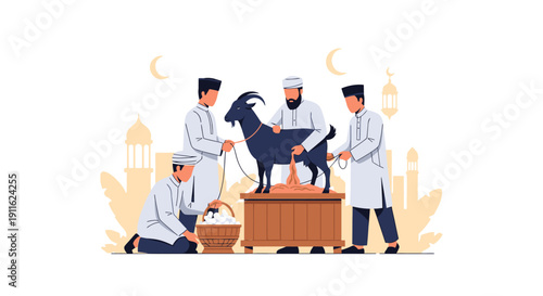 Eid al-Adha Qurban Sacrifice Ritual. Flat vector illustration of Muslim men preparing goat for traditional Islamic festival celebration.