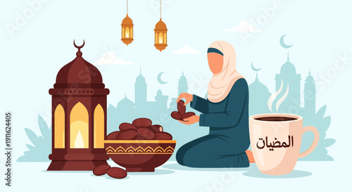 Vector Illustration of Muslim Woman Breaking Fast (Iftar) with Dates and Hot Drink. Ramadan Kareem Concept with Islamic Lanterns and Mosque Background.