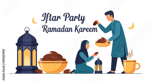 Ramadan Iftar Party Vector. Muslim Family Breaking Fast with Dates (Tamar) and Traditional Fanoos Lanterns. Flat Islamic Celebration Design.