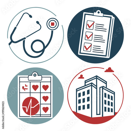 Icons representing healthcare, medical records, and hospital facilities Vector