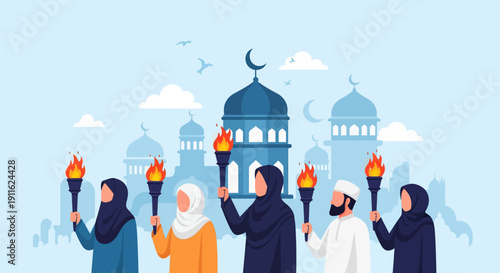 Muslim People Holding Torches Vector Illustration. Islamic Unity, Faith, and Celebration in front of Mosque Skyline.
