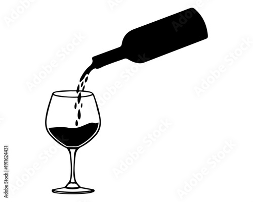 Black silhouette of wine bottle pouring into wine glass icon