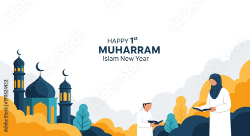 Happy 1st Muharram (Hijri New Year) Greeting Banner. Flat vector design featuring mosque and Muslim people reading for Islamic celebration.