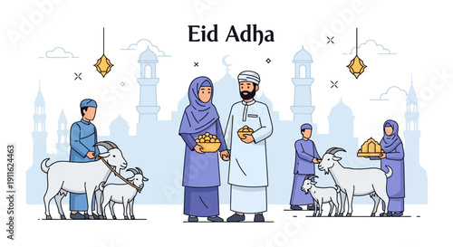 Eid Adha Mubarak Vector Illustration. Muslim Family with Qurbani Goats and Mosque Silhouette for Islamic Festival Banner Design.