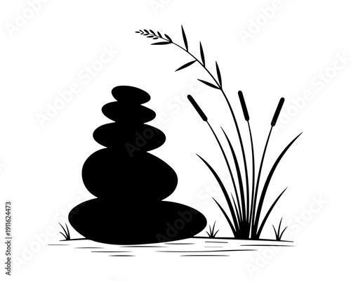 Balance and Harmony: Stacked Zen Stones and Cattails Vector Icon