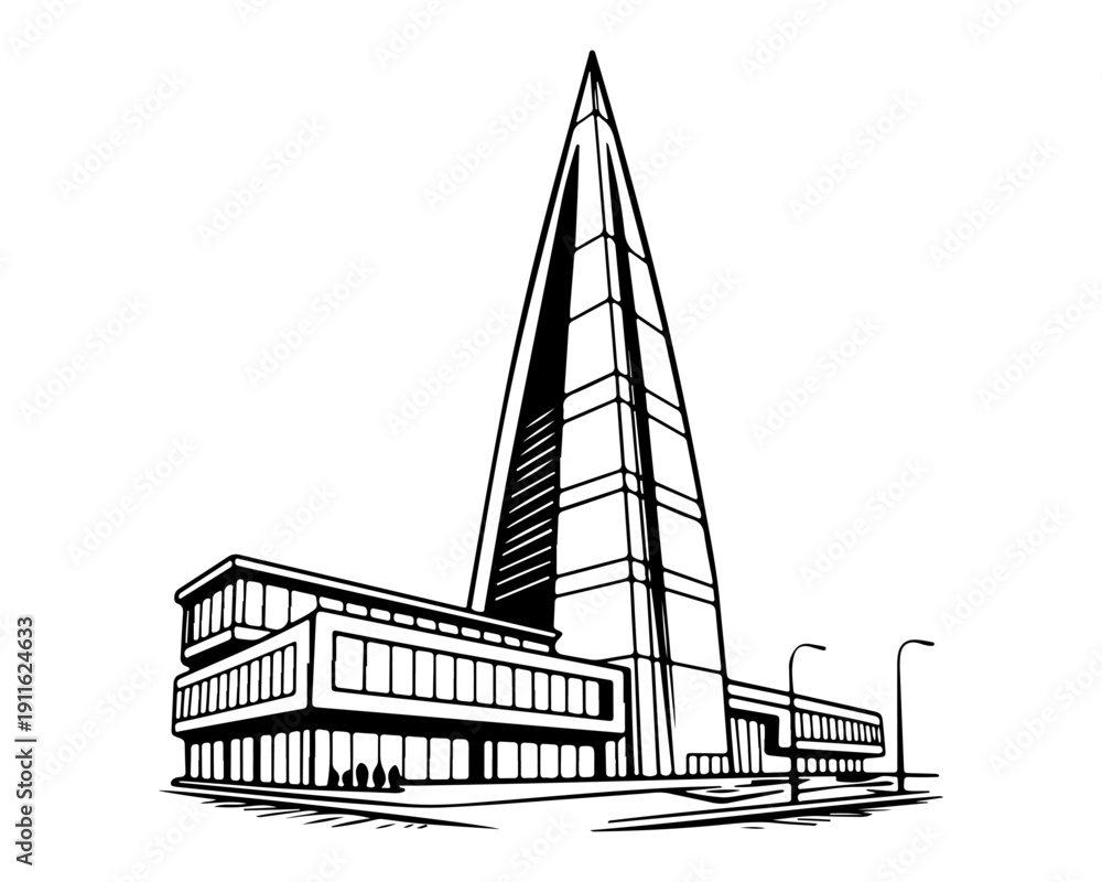 Fototapeta premium Black and White Line Art of Modern Skyscraper Building with Pointed Tower Icon