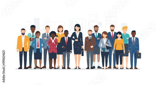 Diverse Business Team Standing in Front of Cityscape. Professional Multicultural Group Portrait, Corporate Staff, Leadership and Workforce Diversity.