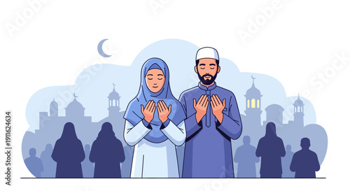Islamic Prayer (Dua) Illustration: Muslim Couple Praying Together for Ramadan or Eid Against a Mosque Background
