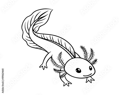 Happy Cartoon Axolotl Line Art. Cute Amphibian Coloring Page Outline