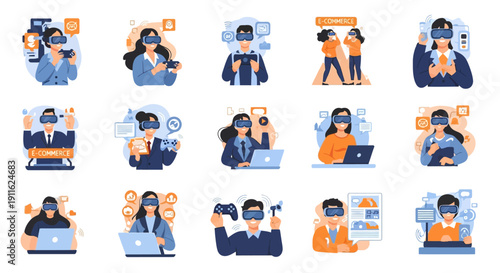 Metaverse VR Illustration Set: People Working, Gaming, and Shopping in Virtual Reality. Business, E-commerce, and Future Technology Flat Icons