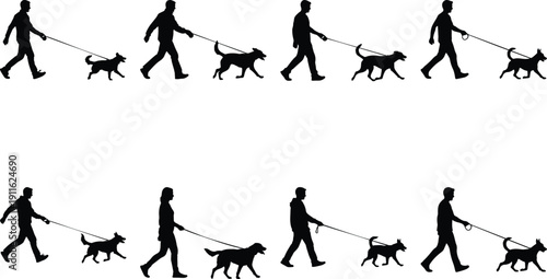 Diverse silhouettes of people walking dogs on leashes.